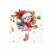 Christmas-themed design with a snowman wearing a Santa hat and scarf, surrounded by presents and decorations on a white background.