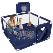 Navy blue playpen with a child and adult inside, filled with colorful balls and a teddy bear.