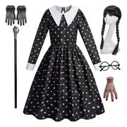 Girls Gothic Skull-Print Costume Dress – White Collar & Long Sleeves