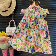 Flower Print Flying Sleeve Dress for Girls