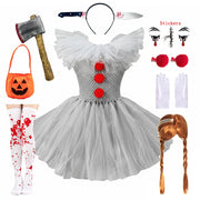 Girls Halloween Clown Tutu Dress – Grey Tulle & Red Pom-Pom Details