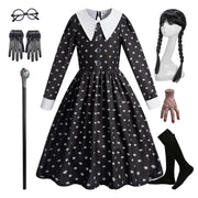 Girls Gothic Skull-Print Costume Dress – White Collar & Long Sleeves