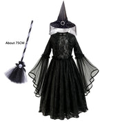 Girls Gothic Witch Costume Dress – Black Lace & Flared Sleeves