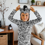 Kids Zebra Pajama Costume – Safari Animal Outfit with Zebra Headpiece, Mane & Striped Tail