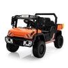 An orange and black ride-on toy truck with off-road tires, a roll bar, and safety-style reflective markings, shown on a clean white background.
