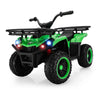 Green and black toy ATV with LED headlights, rear cargo rack, and rugged off-road tires on a white background.