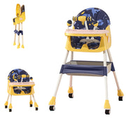 Children's high chair with folding and adjustable features, shown in a room setting.
