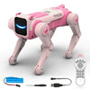Pink robot dog toy with remote control, battery, and USB cable on a white background