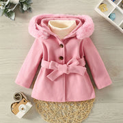 Girl's Woolen Coat with Big Wool Collar - Cute & Cozy
