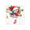 Christmas-themed design with a snowman wearing a Santa hat and scarf, surrounded by presents and decorations on a white background.