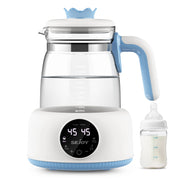 Baby bottle warmer with digital display and a bottle of milk on a white background