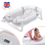 Baby bathtub with digital scale and cushion, featuring a British flag icon.