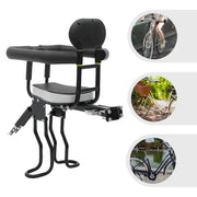 Children's bicycle seat with safety helmet and additional images of bikes in use.