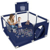 Navy blue playpen with a child and adult inside, filled with colorful balls and a teddy bear.