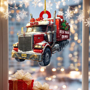 Red truck ornament with 'Best Truck Driver' text, surrounded by snowflakes and lights.