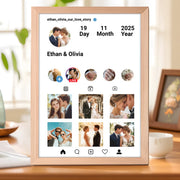 Digital photo frame displaying a personalized 'Our Love Story' layout with images of a couple.