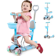 5-in-1 Kids Scooter and Ride-On Toy, 3-Wheel Toddler Kick Scooter with LED Light-Up Wheels, Adjustable Handlebar, Removable Seat, and Parent Push Handle (Ages 1–8)