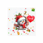 Christmas-themed card with a snowman, presents, and decorative elements on a white background.