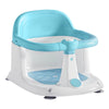 Blue and white baby bath seat with transparent backrest on a white background