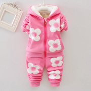 Girls' Flower Cartoon Woolen Hooded Clothing Set - Warm Winter Set