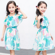 Tropical Leaves Print Cold Shoulder Girl Summer Dress
